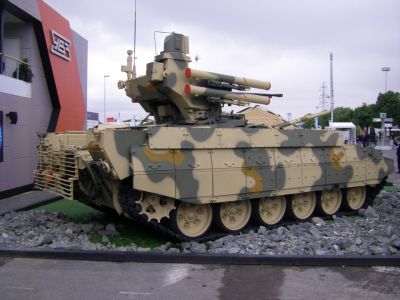 The BMPT "Ramka"
The BMPT "Ramka" ("Tank Support Fighting Vehicle") is a new Russian armored vehicle designed to support tank and infantry operations, primarily in urban areas.
This vehicle is sometimes nicknamed the "Terminator". A small number were delivered to the Russian army for evaluation beginning in 2005. The BMPT is based on the chassis of the T-72, and is  equipped with two 30 mm 2A42 dual-feed cannons with a cyclic rate of fire of up to 600 rds/min.  Four launchers for the Ataka-T anti-tank guided missile (ATGM), which can fire a variety of different warheads, are mounted on either side of the main armament.
