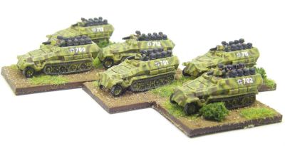 Red 3 Sdkfz Hanomags with crew
Thew crew come as 2 strips of seated men and a separate gunner with gun and mantlet cast as a single piece 
