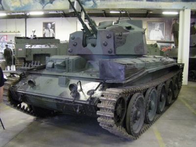 Crusader III AA
A Crusader armed with twin Oerlikon 20 mm guns for anti-aircraft use and a single .303 Vickers GO machine gun.[14] The Mk III only differed from the Mk II by the position of the radio, which was moved to the hull in order to free some space inside the turret. A variation with triple Oerlikons was produced in very limited quantities.
